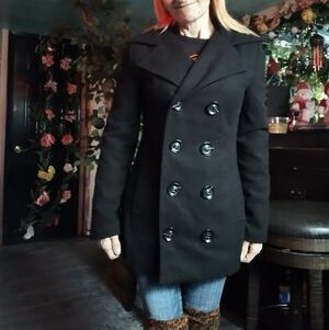 Black Wool Blend Double-Breasted Peacoat